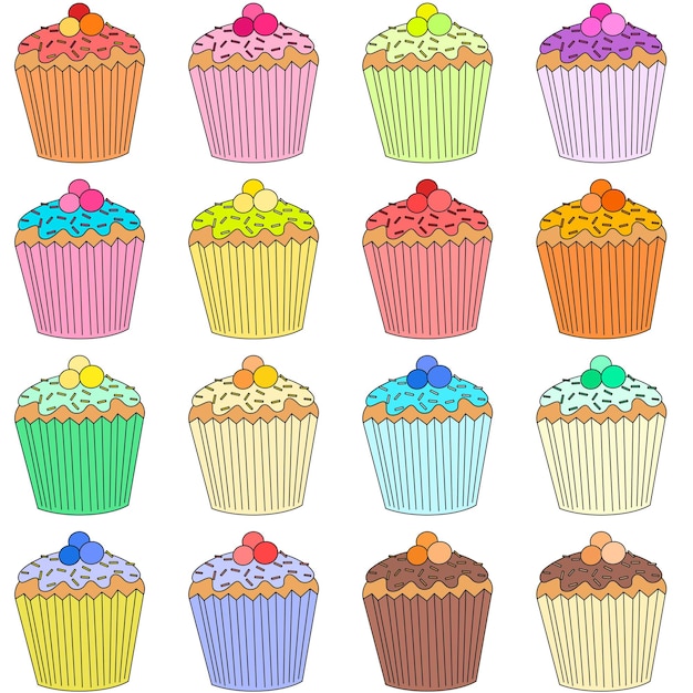 Delicious cupcakes and muffins vector cartoon set Cakes with cream Vector stock illustration