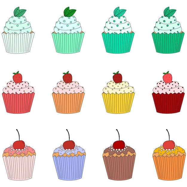 Delicious cupcakes and muffins vector set Multicolored cakes with strawberries cherries leaf mint