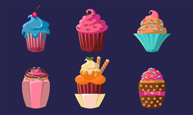 Delicious cupcakes set colorful creamy desserts with different ingredients vector illustration on blue background