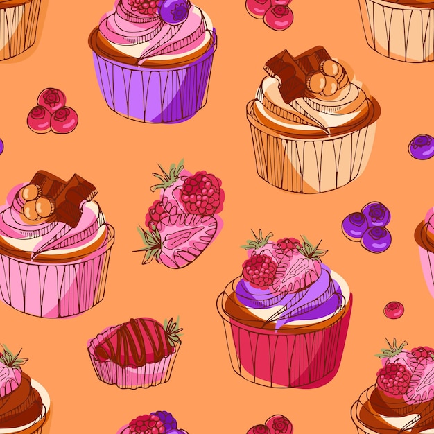 Вектор Вкусные кексы с шоколадными ягодами и карамелью современный узор яркая векторная иллюстрация в стиле эскиза для печати обоев на тканевой обертке меню поваренных книг