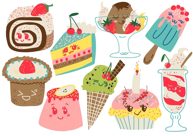 Vector delicious desserts set confectionery and sweets cake popsicle cupcake vector illustratie op witte achtergrond