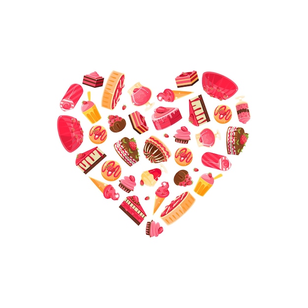 Delicious desserts in shape of heart confectionery candy shop design element vector illustration on white background