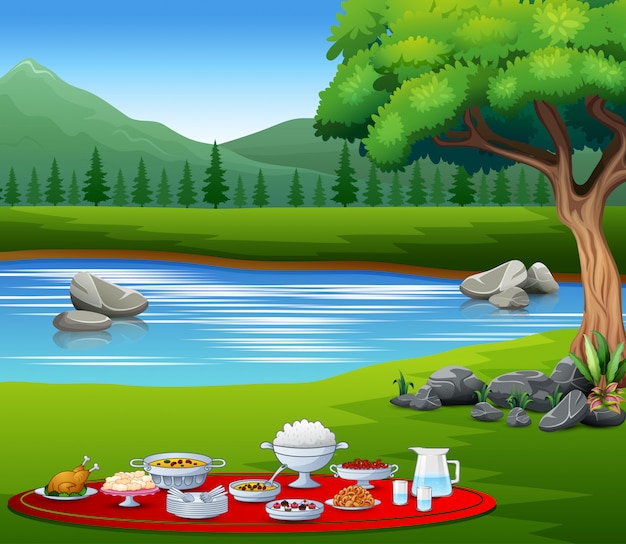 Vector delicious dishes iftar on the nature landscape