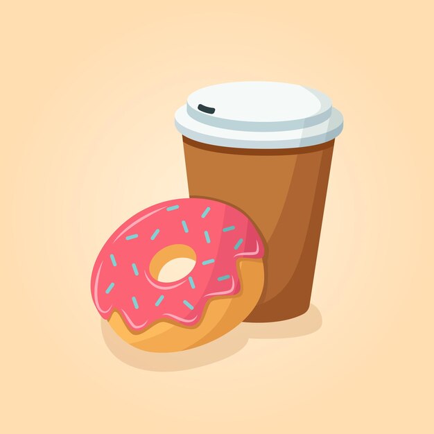 Delicious donut and paper cup of coffee. Food vector illustration.