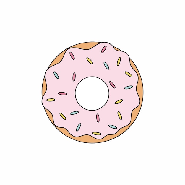 Delicious donut with pink icing and confetti. Sweet dessert for tea. Vector illustration in doodle style.