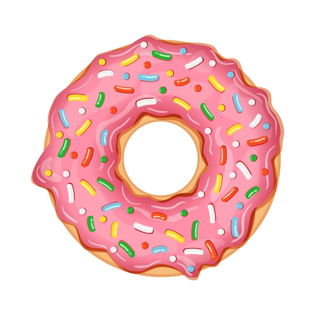 Vector delicious donut with pink icing with bright sweet sprinkles isolated on white background realistic vector illustration of sweet pastries