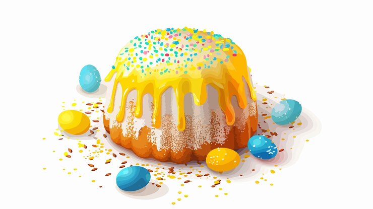 Vector delicious easter cake with yellow and blue powder isolated on white background