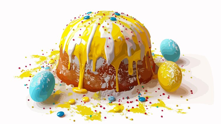 Vector delicious easter cake with yellow and blue powder isolated on white background