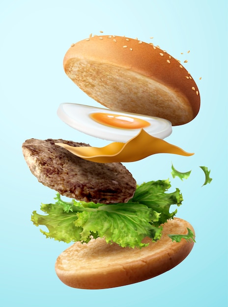 Hamburger delizioso dell'uovo che vola nell'aria su fondo blu, illustrazione 3d