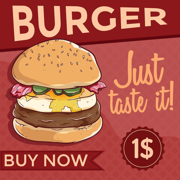 Delicious fast food banner and burger with egg illustration