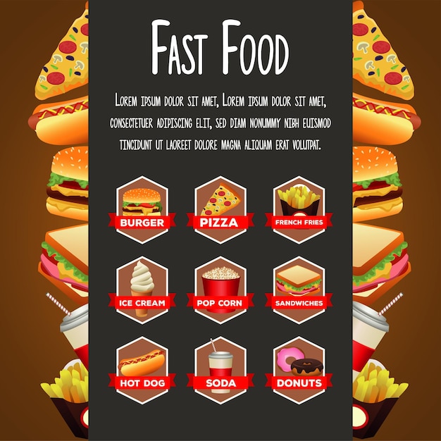 Delizioso menu in bundle di fast food con modello di lettere nel telaio