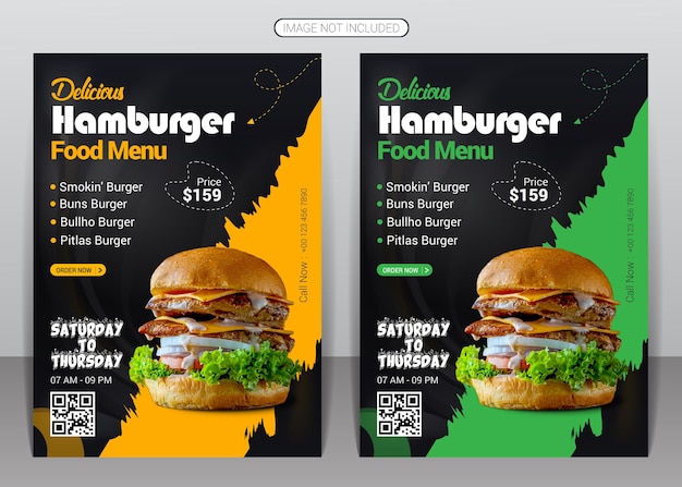 Vettore delizioso fast food hamburger design volantino e modello di progettazione volantino menu cibo ristorante