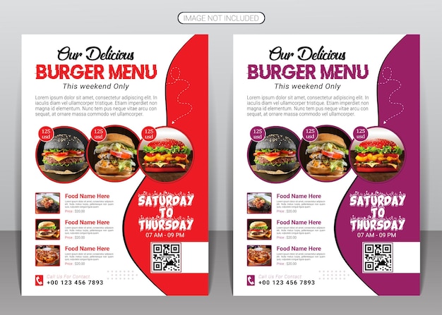 Delizioso fast food hamburger design volantino e modello di progettazione volantino menu cibo ristorante