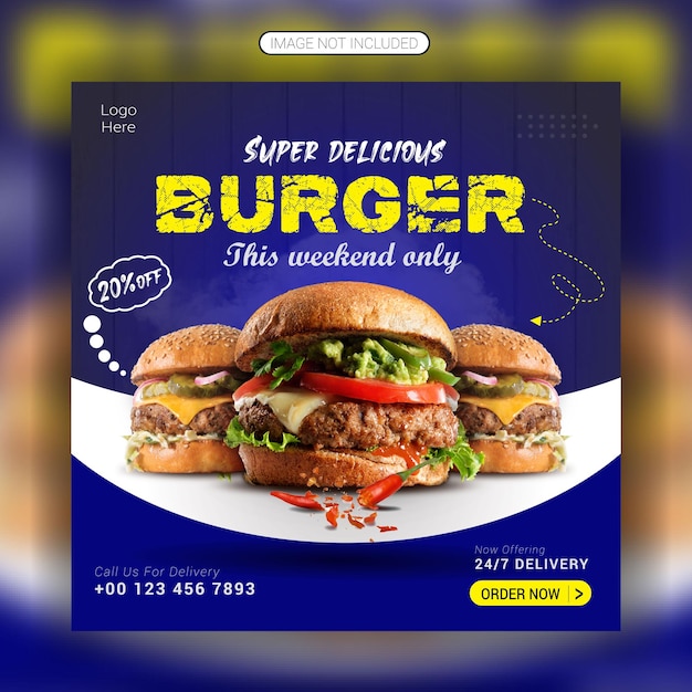 Vettore delizioso hamburger fast food promozione sui social media e modello di banner o post di instagram