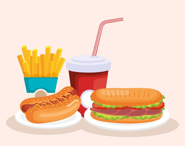 Progettazione dell'illustrazione di vettore delle icone del fast food delizioso