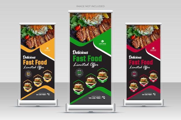 Вектор Вкусный фаст-фуд roll up banner и ресторан food banner template.