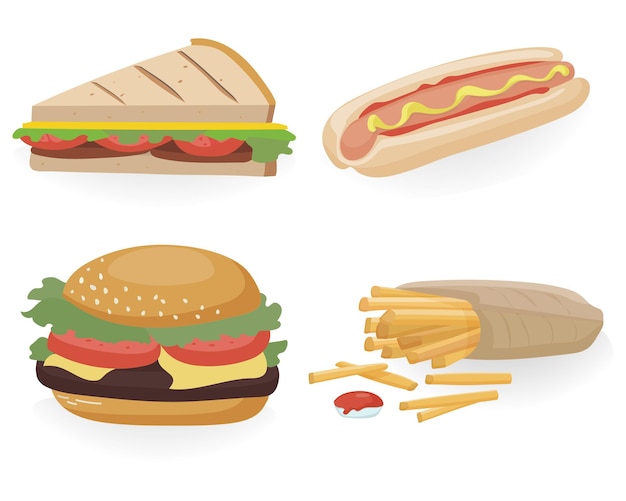 Delicious fast food. Set of hamburger, hot dog, sandwich, fries