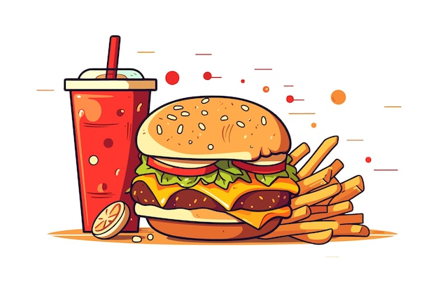 Delizioso spuntino fast food con burger coke e verdure fresche su sfondo bianco illustrazione burger coke patatine fritte calde e piccanti illustrazione