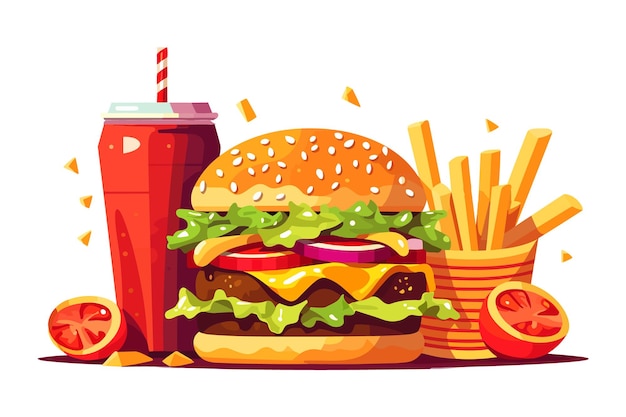 Delicious Fast Food Snack with burger coke and Fresh Vegetables on a White Background illustration burger coke hot and spicy french fries illustration