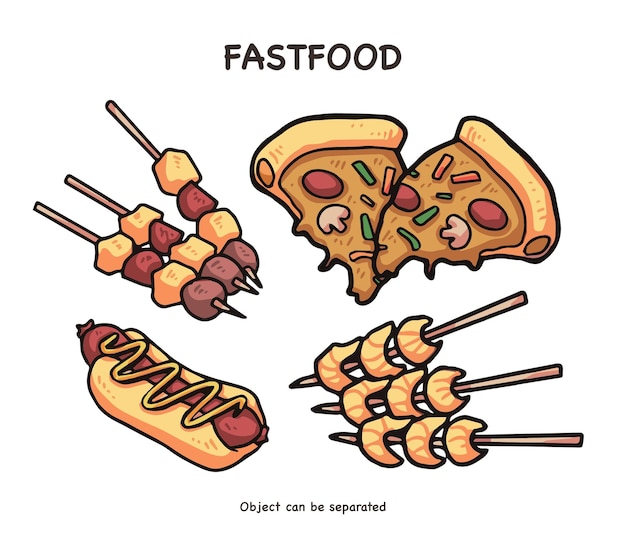 Vector delicious fastfood menu pizza hotdog meat shrimp in handdrawn cartoon simple illustration style