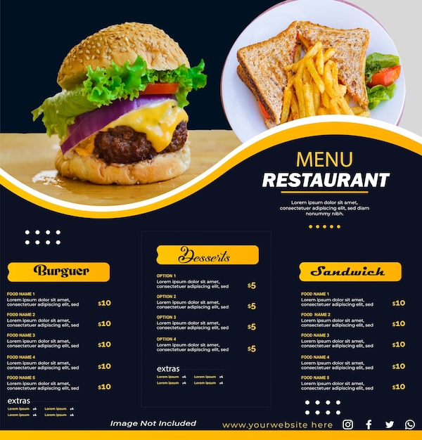 Vettore design della carta del menu del cibo delizioso o del ristorante fast food