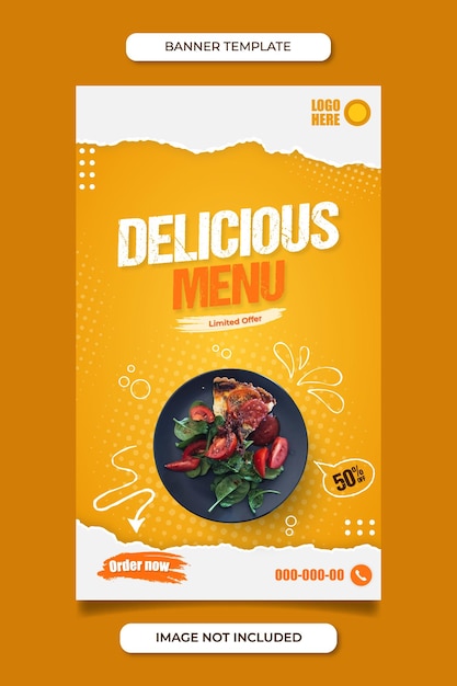 Vettore delizioso design del banner del menu di cibo. per le storie sui social media e per la stampa