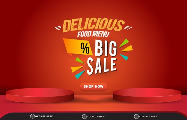 Delicious food menu big sale with landscape social media post tempate banner with copy space 3d podium for food sale with abstract gradient red background design