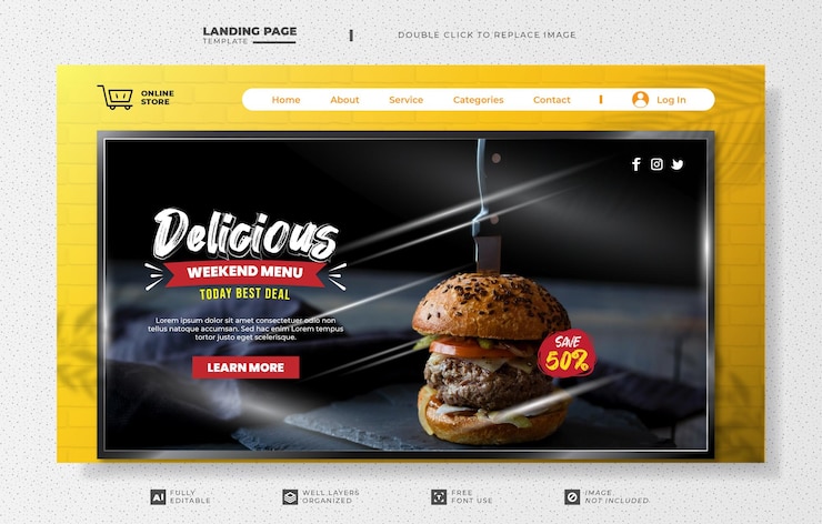 Vector delicious food menu landing page template