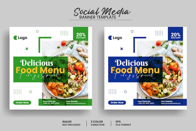 맛있는 음식 메뉴 소셜 미디어 게시물 배너 템플릿 또는 레스토랑 프로모션 배너 디자인