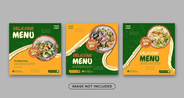 Vettore promozione del modello di post sui social media del menu di cibo delizioso e collezione di design di banner quadrati