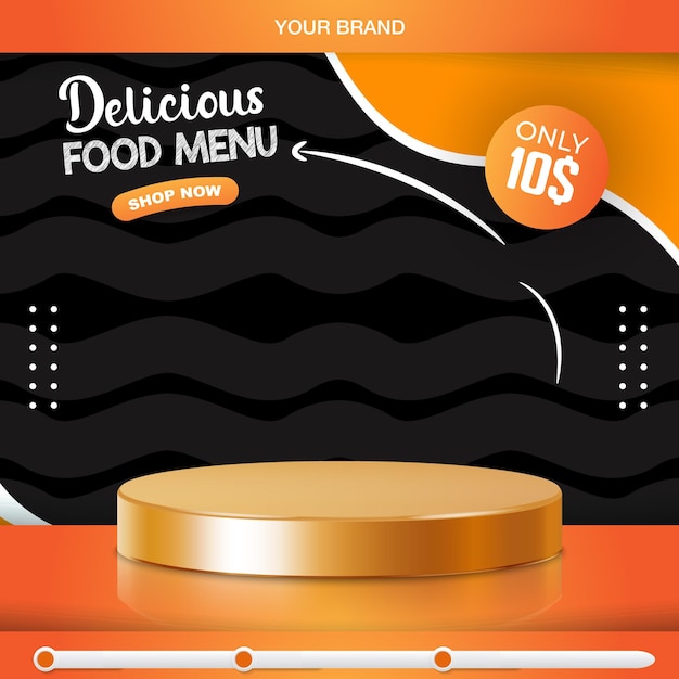 Delicious food menu square banner for social media post with copy space 3d podium for food sale with abstract gradient black and orange background design