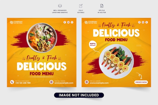 Delicious food menu template design on an orange background for social media marketing Special food social media post vector for restaurant promotion Fresh food menu poster design with brush effect