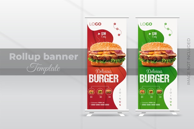 Cibo delizioso e ristorante roll up banner design template vettore premium standee design