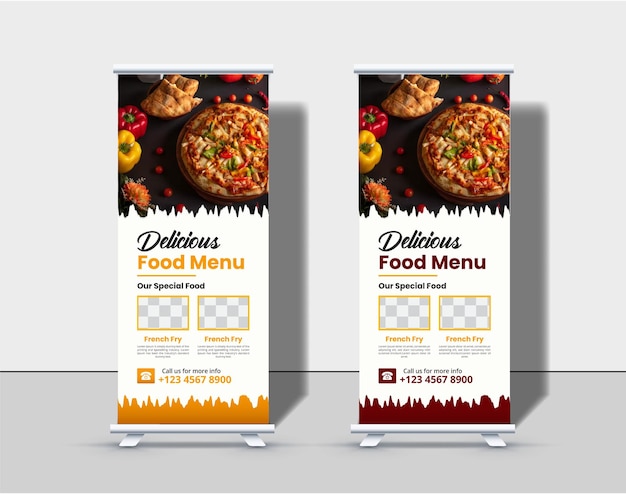 Cibo delizioso roll up banner design vettore premium