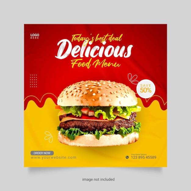 Delicious Food social media promotion and banner post  template red and yellow concept