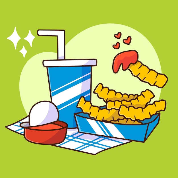 Delicious french fries meal dish and food collection doodle illustration