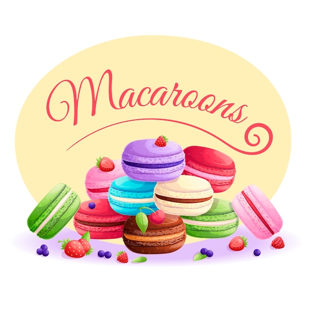 delicious french multicolored macaroons stacked on top of each other on a yellow background with the