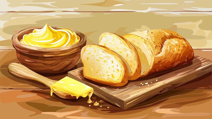 Vector delicious fresh butter and bread on wooden background