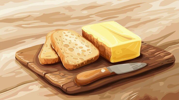 Vector delicious fresh butter and bread on wooden background