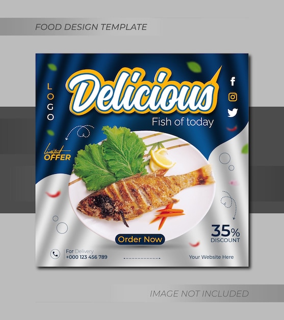 Delicious fresh fish restaurant food menu social media instagram post design or web banner template