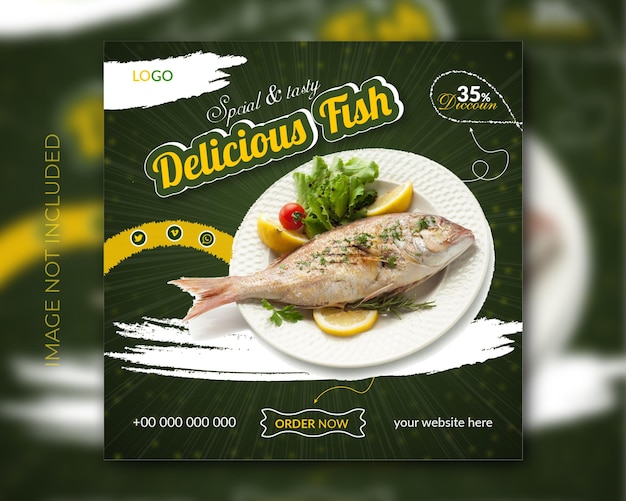 Vector delicious fresh fish restaurant food menu webinar or instagram post social media template