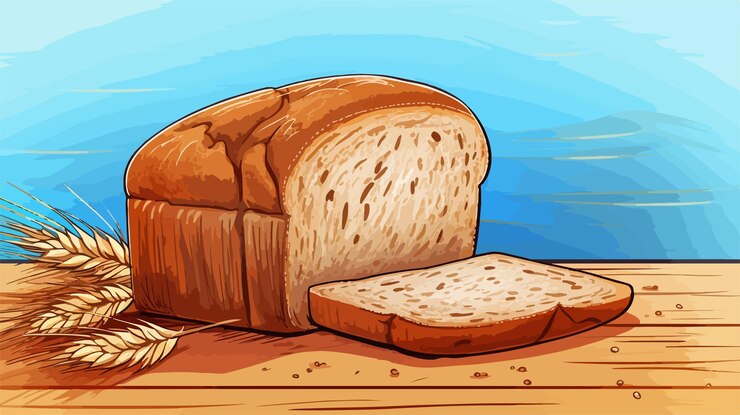 Vector delicious freshly baked rye bread on blue wooden background