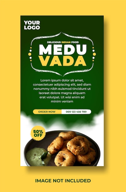 맛있는 튀긴 스낵 Medu Vada 인도 음식 메뉴 소셜 미디어 스토리 디자인 템플릿