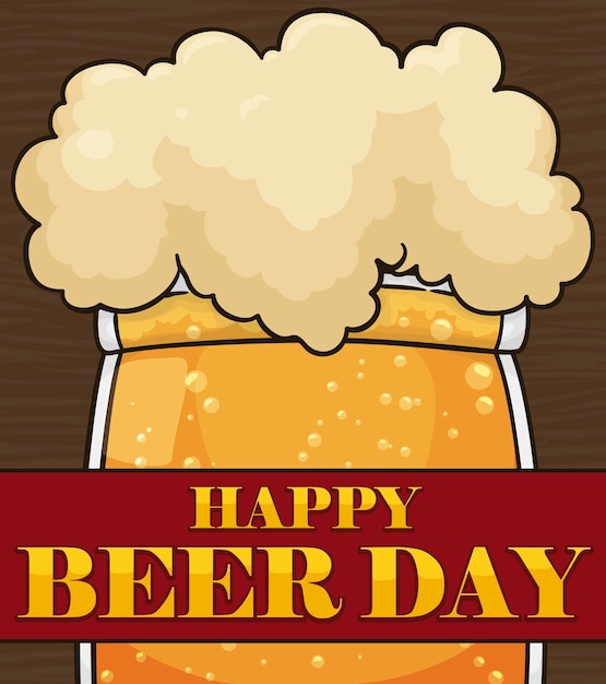 木製の背景とビールの日の挨拶リボンの上においしい泡状の泡立つビール
