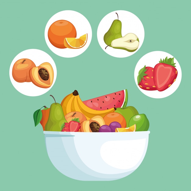 Vector delicious fruits in bowl cartoon