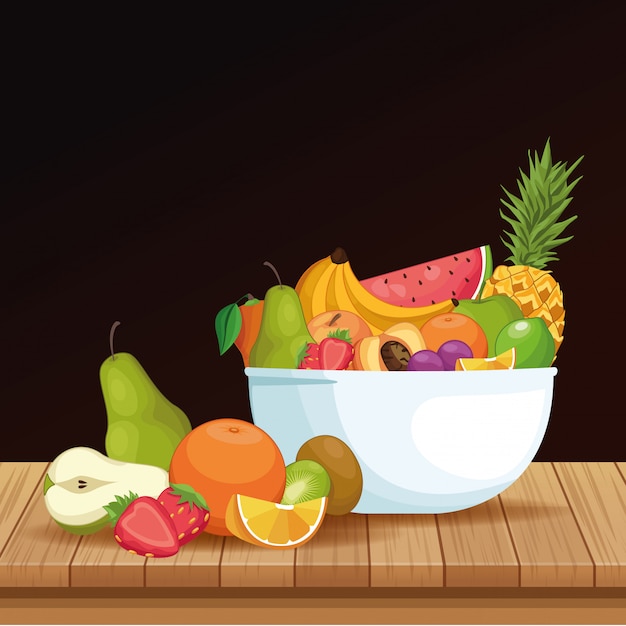 Delicious fruits in bowl cartoon