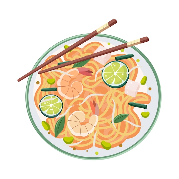 Delicious garnalen noedels met limoen en groenten op een bord vector illustratie