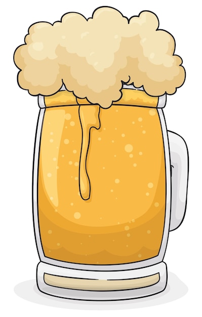 Delicious glass tankard with bubbly and frothy beer in cartoon style over white background