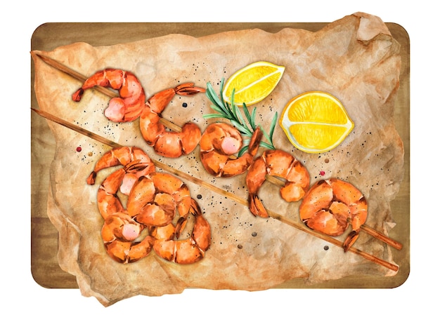 Vector delicious grilled prawns on a skewer with lemon and rosemary. watercolor illustration