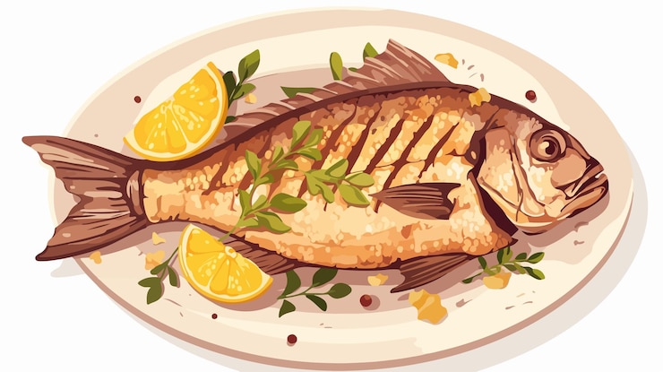 Вектор вкусный гриль на тарелке в элегантном ресторане